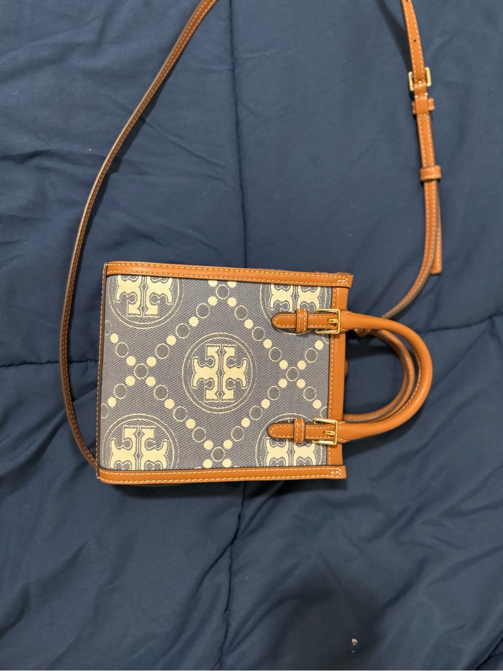 Tory Burch Navy Logo-Print Mini Tote with Tan Leather Trim